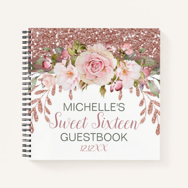 Elegant Rose Gold Watercolor Sweet Sixteen Guest B Notebook (Front)
