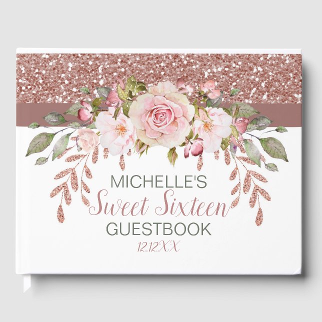 Elegant Rose Gold Watercolor Sweet Sixteen Guest Book (Front)