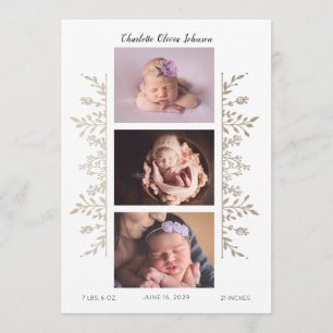 Elegant Rose Gold White 3 Photo Birth Announcement