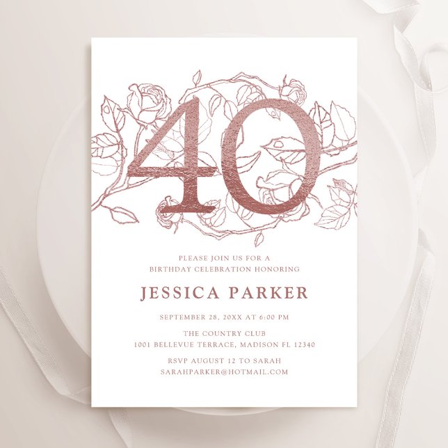 Elegant Rose Gold White 40th Birthday Invitation (Creator Uploaded)