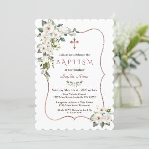 Elegant Rose Gold White Cream Flowers Baptism Invitation