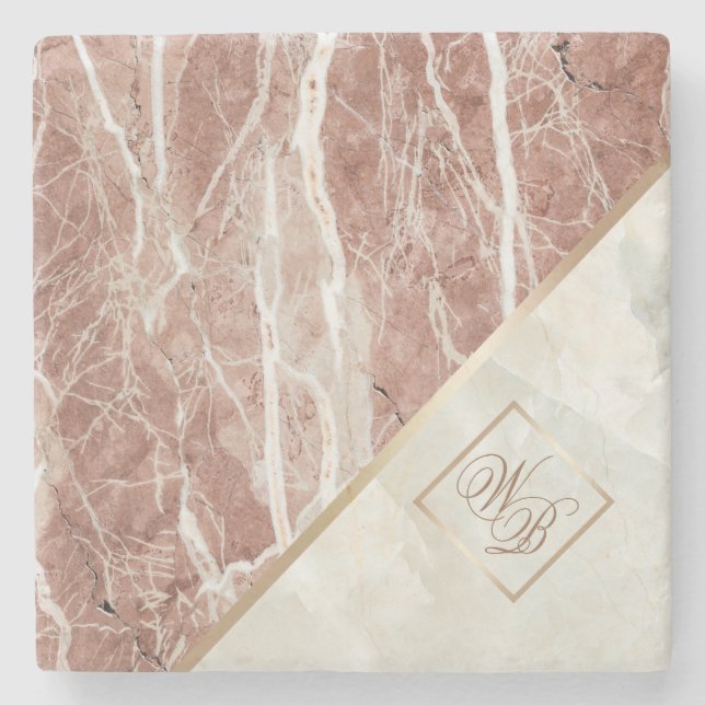 Elegant Rose Gold | White Marble Monogram Stone Coaster (Front)