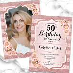 Elegant Rose Gold White Photo 50th Birthday Invitation<br><div class="desc">Elegant, floral, feminine 50th birthday invitation with your photo at the back of the card. Glam white, blush pink design with faux glitter rose gold. Features stripes, roses, script font and confetti. Perfect for a stylish adult bday celebration party. Personalise with your own details. Can be customised for any age!...</div>