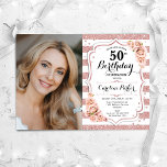 Elegant Rose Gold White Photo 50th Birthday Invitation<br><div class="desc">Elegant floral feminine 50th birthday invitation with your photo. Glam, white and blush pink design with faux glitter rose gold. Features stripes, red roses, script font and confetti. Perfect for a stylish adult bday celebration party. Personalise with your own details. Can be customised for any age! Printed Zazzle invitations or...</div>