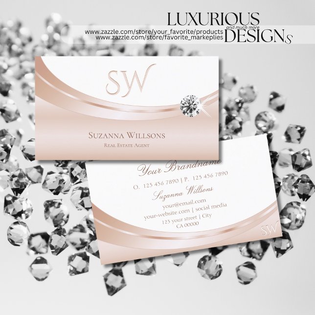 Elegant Rose Gold White with Monogram and Diamond Business Card (Creator Uploaded)