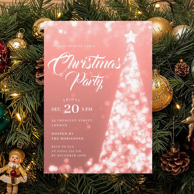 Elegant Rose Gold Winter Christmas Tree Holiday  Invitation (Elegant Rose Gold Winter Christmas Tree Holiday Invitation)