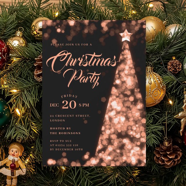 Elegant Rose Gold Winter Christmas Tree Holiday  Invitation (Elegant Rose Gold Winter Christmas Tree Holiday Invitation)
