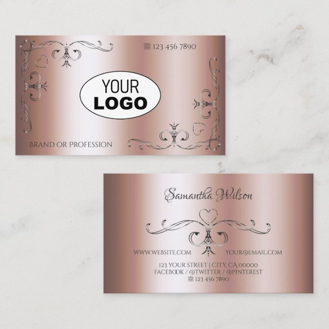 Elegant Rose Golden Silver Ornate Corners Add Logo Business Card (Front/Back)