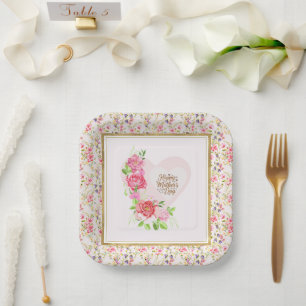 Elegant Rose Heart Happy Mother’s Day Party Paper Plate