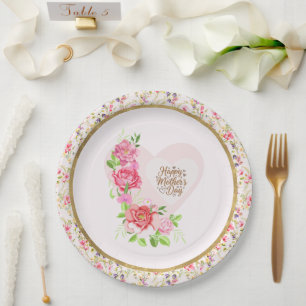 Elegant Rose Heart Happy Mother’s Day Party Paper Plate