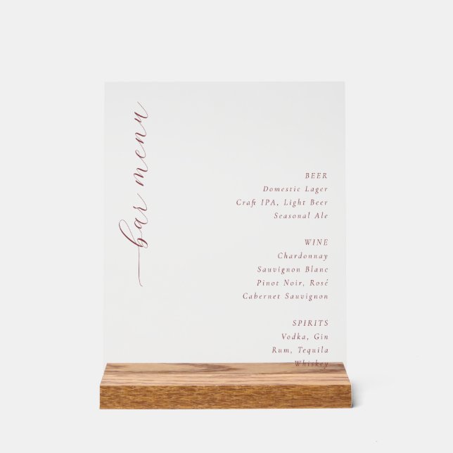 Elegant Rose Minimalist Bar Menu Acrylic Sign (Front)