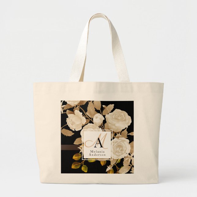 Elegant Rose Monogram Black Large Tote Bag (Front)