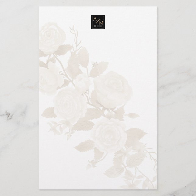 Elegant Rose Monogram Blank White Stationery (Front)