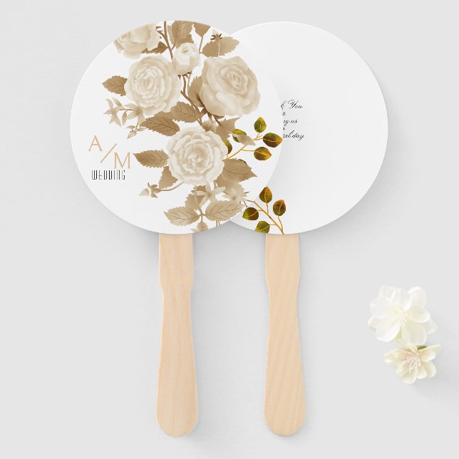 Elegant Rose Monogram White Hand Fan (Front and Back)