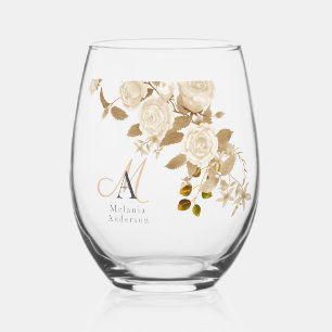 Elegant Rose Monogram White Stemless Wine Glass