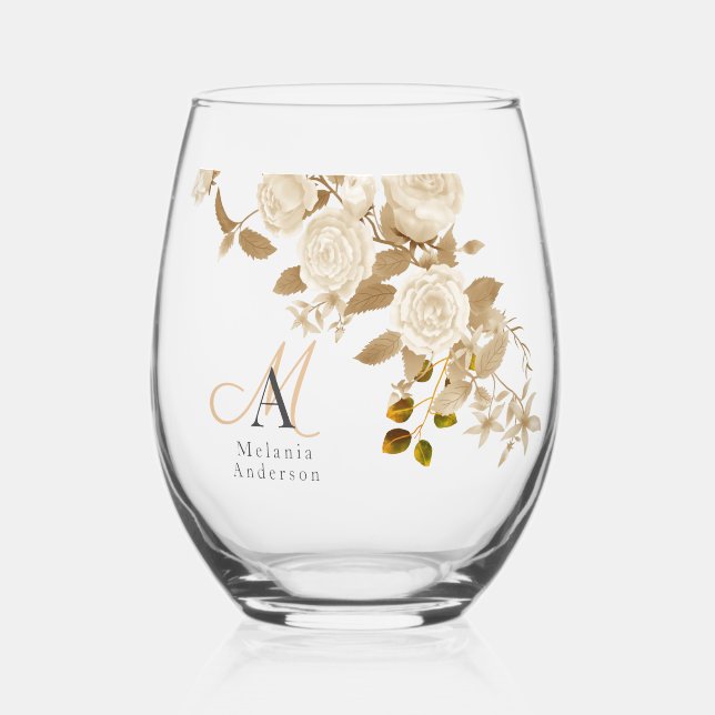Elegant Rose Monogram White Stemless Wine Glass (Front)