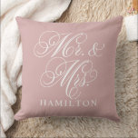 Elegant Rose Mr and Mrs Script Custom Monogram Cushion<br><div class="desc">Elegant square accent pillow for happy couples and newlyweds features a white script Mr. and Mrs. design with custom monogram text that can be personalised with the married last name. The mauve / rose pink background colour can be customised to coordinate with your home or bedroom decor colours.</div>