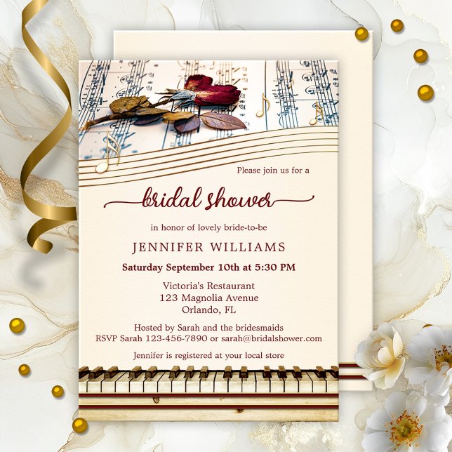 Elegant Rose Music Bridal Shower Invitation (Bridal shower invitation featuring a rose on music sheets with a piano keyboard and musical notes)