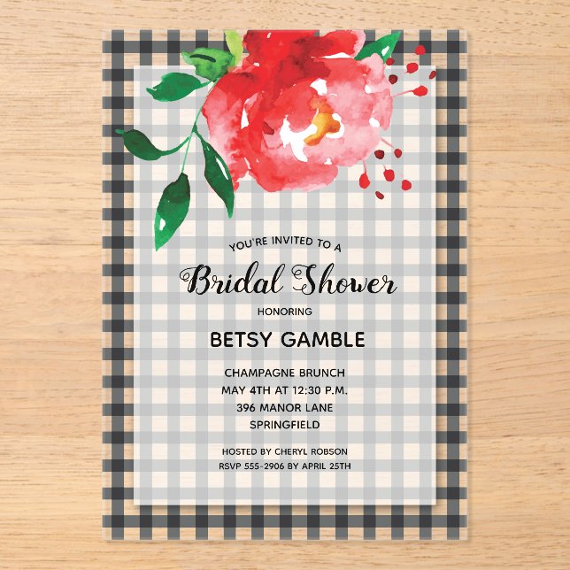 Elegant Rose on Gingham Bridal Shower Acrylic Invitations (Front)