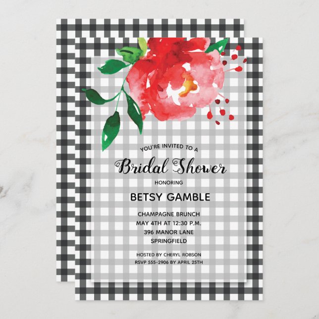 Elegant Rose on Gingham Bridal Shower Invitation (Front/Back)