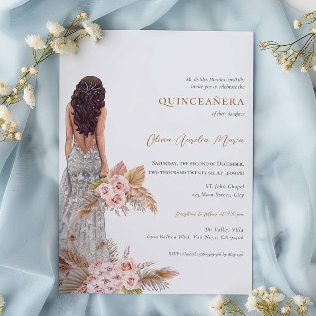 Elegant Rose Pampas Grass Dress Quinceanera Invitation (Creator Uploaded)