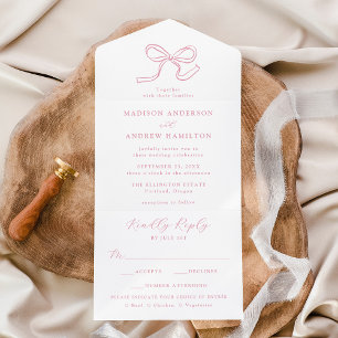 Elegant Rose Pink Bow Wedding All In One Invitation