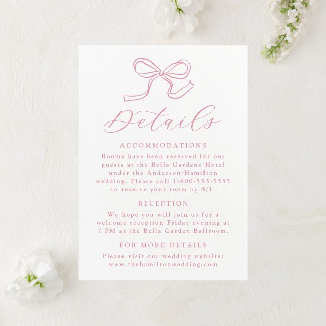 Elegant Rose Pink Bow Wedding Details Enclosure Card (Creator Uploaded)