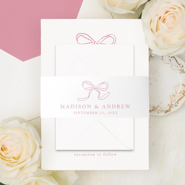 Elegant Rose Pink Bow Wedding Invitation Belly Band (Creator Uploaded)