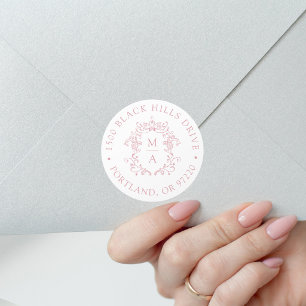 Elegant Rose Pink Crest Wedding Return Address Classic Round Sticker
