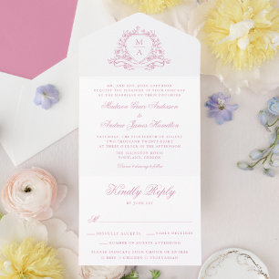 Elegant Rose Pink Floral Crest Monogram Wedding  All In One Invitation