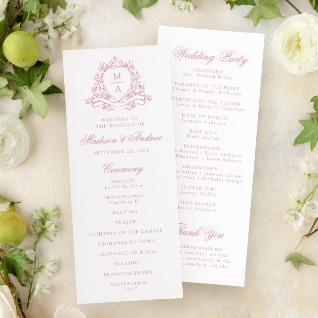 Elegant Rose Pink Floral Crest Monogram Wedding Programme (Creator Uploaded)