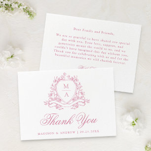 Elegant Rose Pink Floral Crest Monogram Wedding Thank You Card
