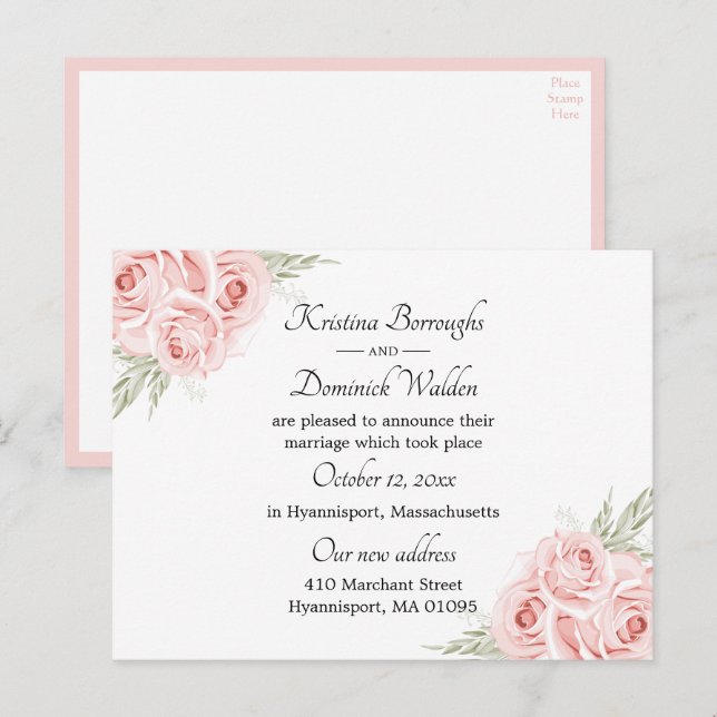 Elegant Rose Pink Floral Just Married Wedding Anno Announcement Postcard (Front/Back)
