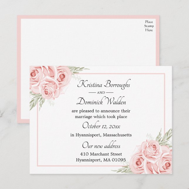 Elegant Rose Pink Floral Just Married Wedding  Announcement Postcard (Front/Back)