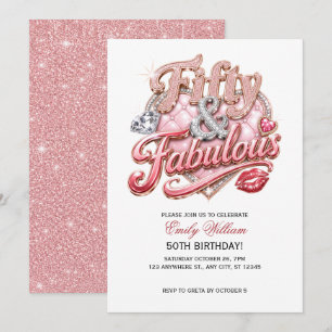 Elegant rose-pink glitter Fabulous 50th Birthday Invitation