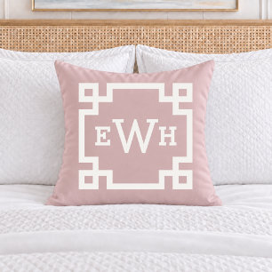 Elegant Rose Pink Greek Key Monogram Initial Cushion