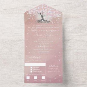 Elegant Rose Pink Heart Leaf Tree Wedding All In One Invitation