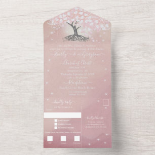 Elegant Rose Pink Heart Leaf Tree Wedding All In One Invitation