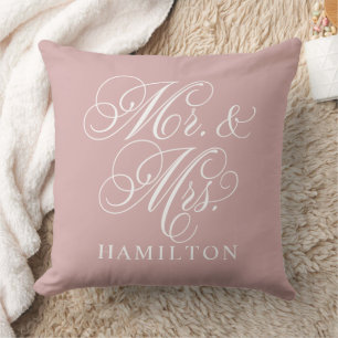 Elegant Rose Pink Mr and Mrs Script Wedding Cushion