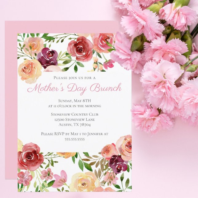 Elegant Rose Pink Peony Floral Mother's Day Brunch Invitation (Creator Uploaded)