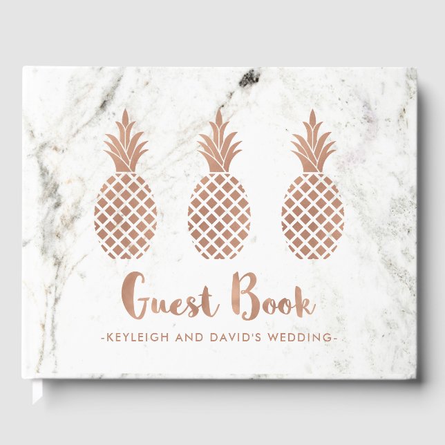 Elegant Rose Pink Pineapples on White Marble Guest Book (Front)