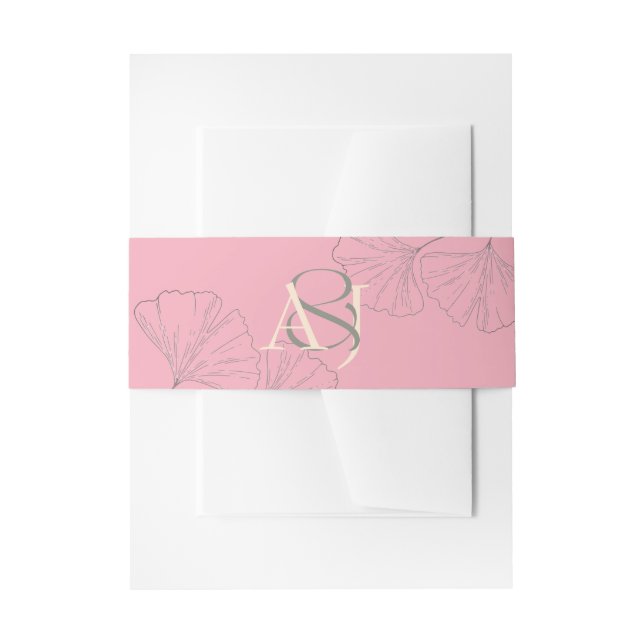 Elegant Rose Pink & Sage Green Ginkgo Wedding Invitation Belly Band (Front Example)