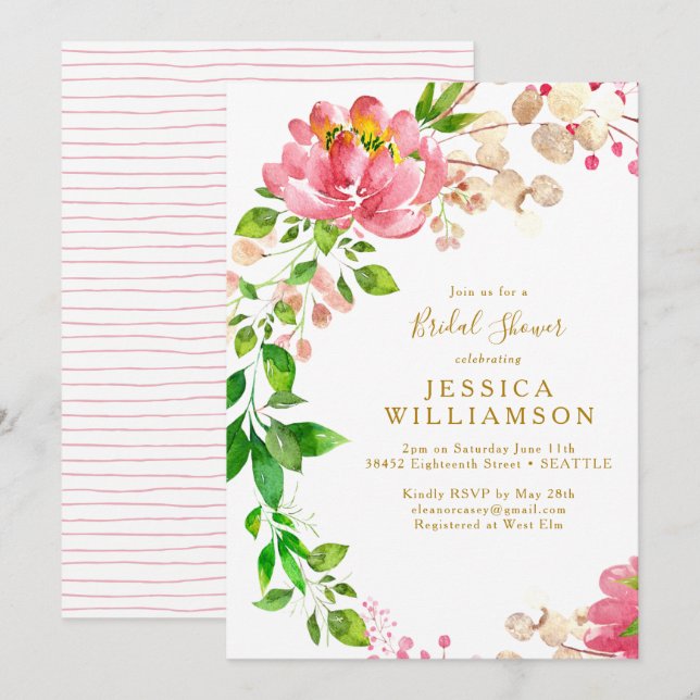 Elegant Rose Pink Watercolor Floral Bridal Shower Invitation (Front/Back)