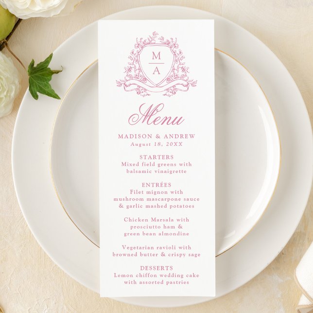 Elegant Rose Quartz Floral Crest Monogram Wedding Menu (Creator Uploaded)