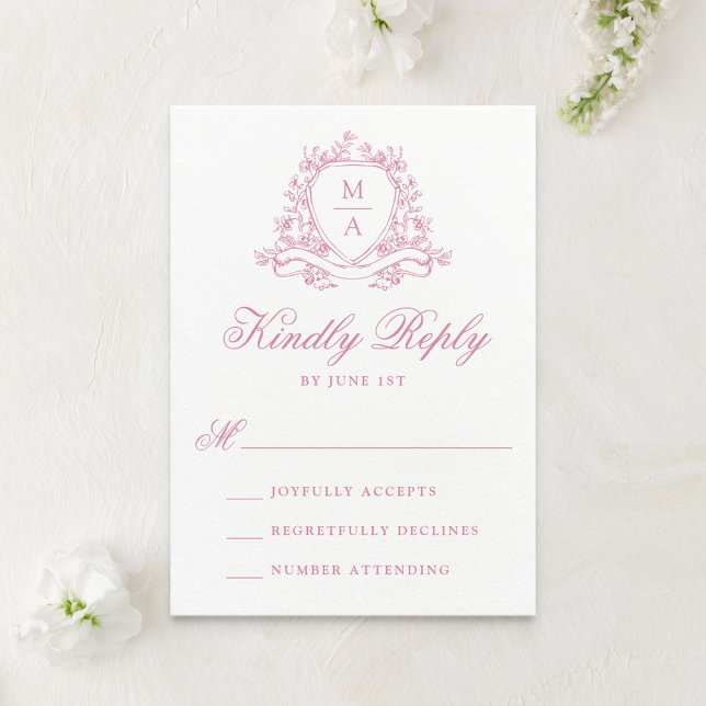 Elegant Rose Quartz Floral Crest Monogram Wedding RSVP Card (Creator Uploaded)