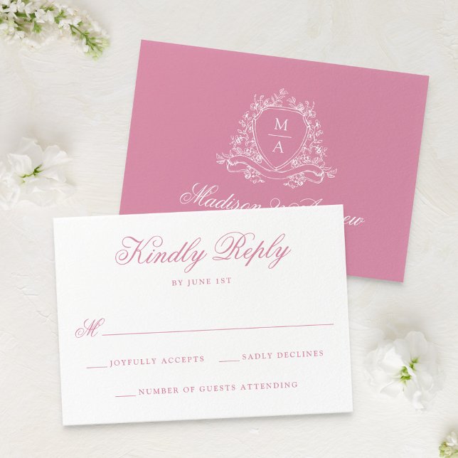 Elegant Rose Quartz Floral Crest Monogram Wedding RSVP Card (Creator Uploaded)