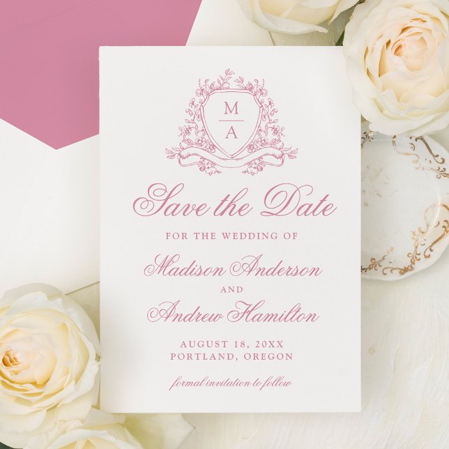 Elegant Rose Quartz Floral Crest Monogram Wedding Save The Date (Creator Uploaded)