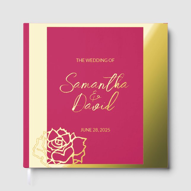 Elegant Rose Red Wedding Foil Guest Book (Front)