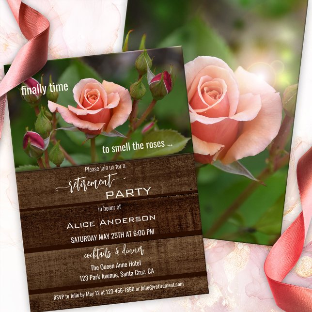 Elegant Rose Relax Garden Retirement Party Invitation (Retirement party invitation featuring a peach colored rose on rustic dark wood - garden - flowers)