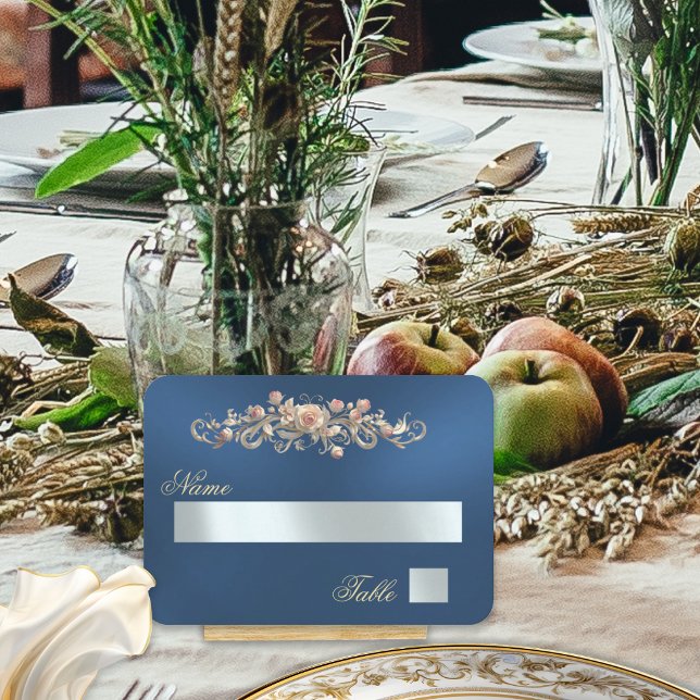 Elegant Rose Scroll & Heart Monogram - Blue Place Card (Creator Uploaded)